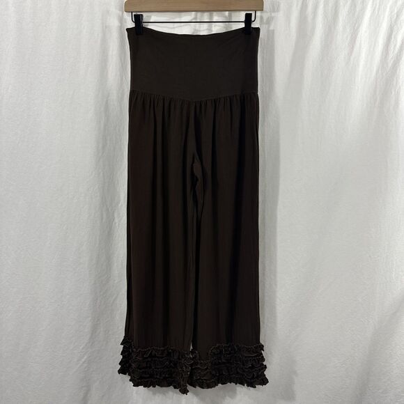 Baik Baik Brown Wide Leg Fold Over Ruffle Hem Pull On Pants Womens S/M Boho - Picture 2 of 11